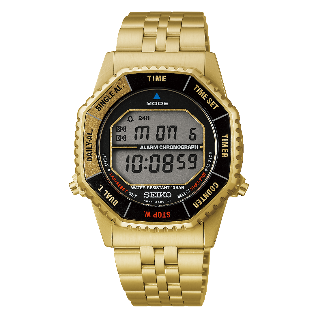 Gold metal-case digital watch with matching metal bracelet on a black background.