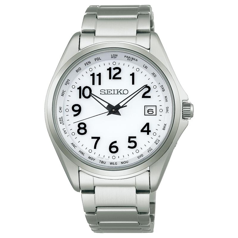 Front view of a Seiko men's wristwatch with a white dial, black Arabic numerals, a date window at 3 o'clock, and a metal bracelet.