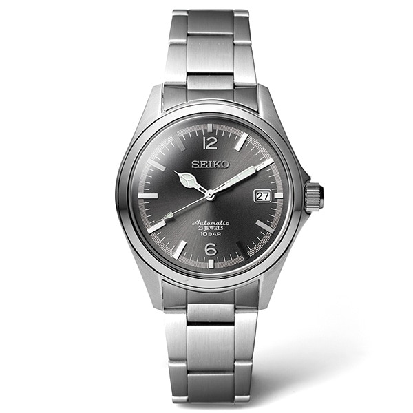 Front view of the SEIKO×TiCTAC SZSB035 men's automatic wristwatch showing a round gray dial and metal bracelet.