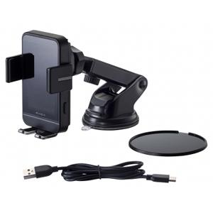 Seiko Sangyo wireless car phone holder with suction-mount arm, round wireless charging pad, and USB cable visible.