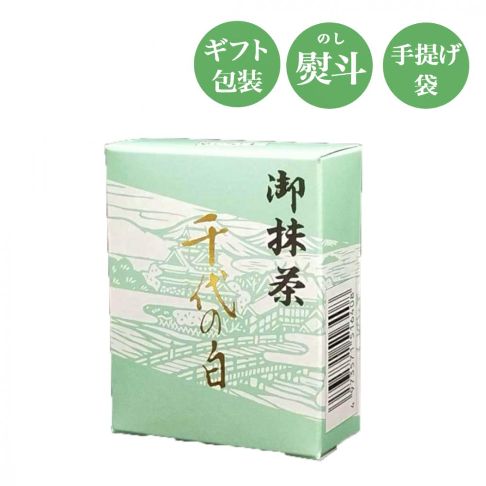 Light green rectangular box of matcha (千代の白) showing Japanese text and a barcode.