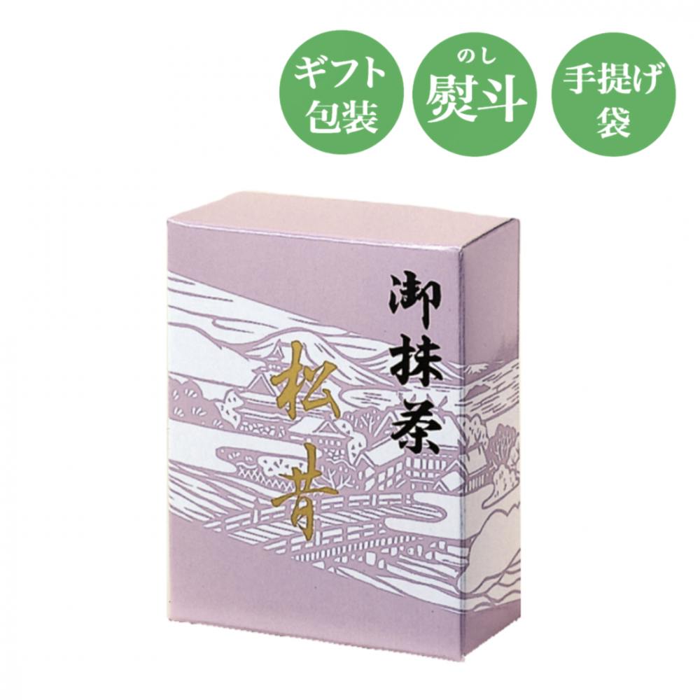 Purple rectangular gift box of the matcha product showing Japanese text and decorative landscape artwork on a white background.