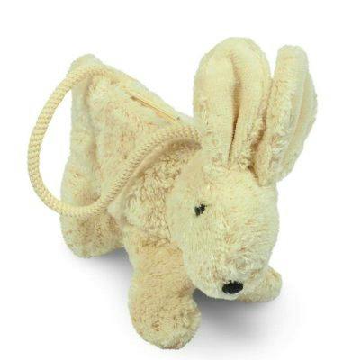 Cream-colored rabbit-shaped plush bag with a rope handle photographed on a white background.