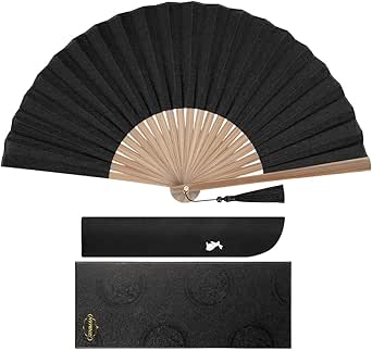 Black cotton folding hand fan with light bamboo ribs, shown with its black rabbit-design slip case and decorative gift box.