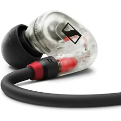 Close-up of a transparent SENNHEISER IE 100 PRO earphone earpiece with black cable and red connector.