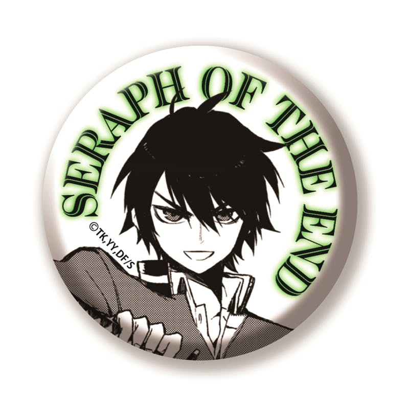 Round can badge showing a black-and-white manga-style portrait of Yuichiro (百夜優一郎) from Seraph of the End with the text "SERAPH OF THE END" around the edge.