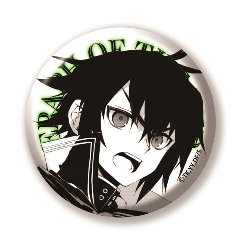 Round can badge showing a monochrome illustration of 百夜優一郎 (Yuichiro Hyakuya) from the series 終わりのセラフ.