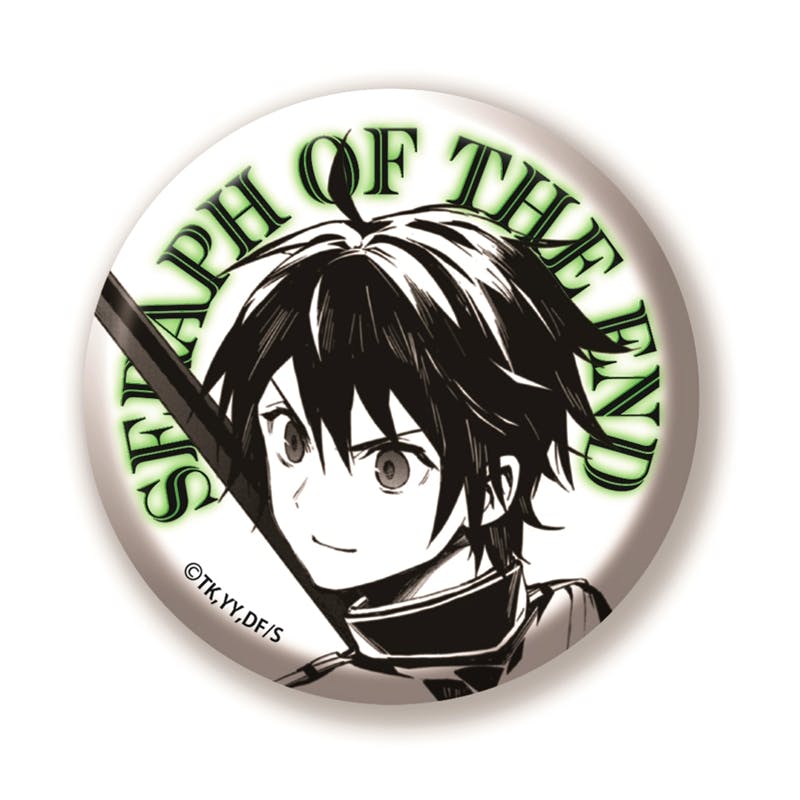 Round can badge showing a black-and-white manga-style portrait of 百夜優一郎 (from 『終わりのセラフ』) with green "SERAPH OF THE END" text around the edge.