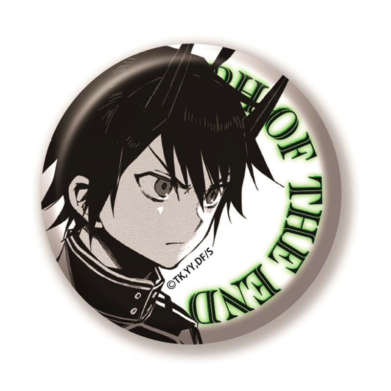 Round can badge with a monochrome manga-style portrait of 百夜優一郎 (from 終わりのセラフ) and green English text around the edge.