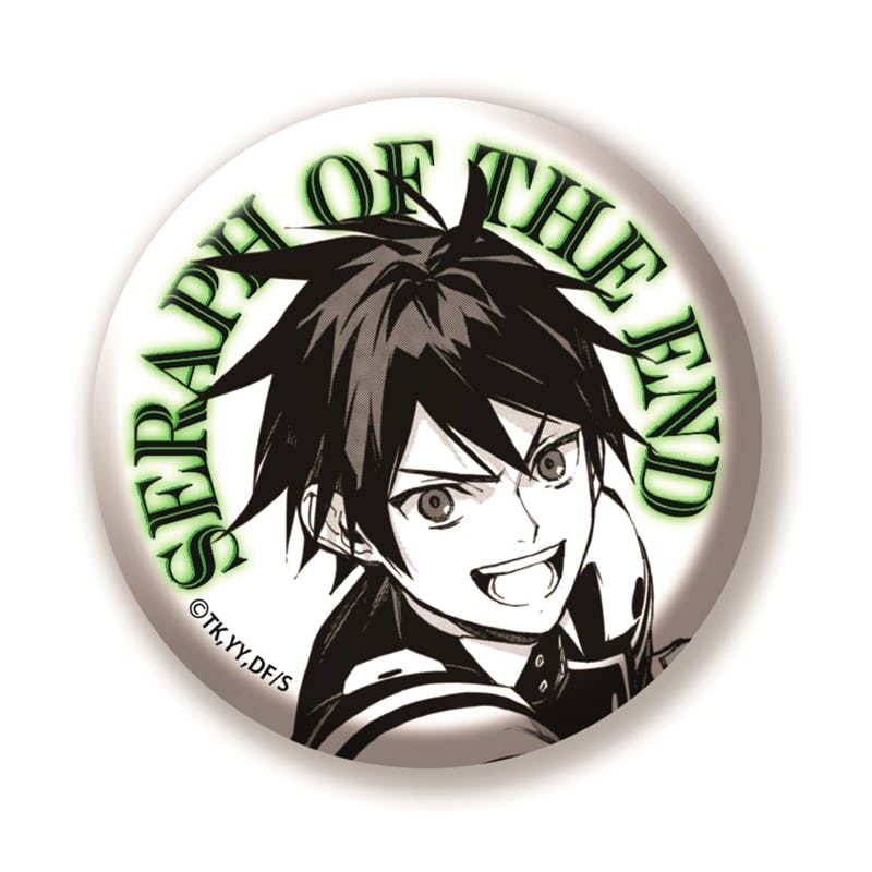 Round can badge featuring a black-and-white illustration of 百夜優一郎 from '終わりのセラフ' with the text "SERAPH OF THE END".