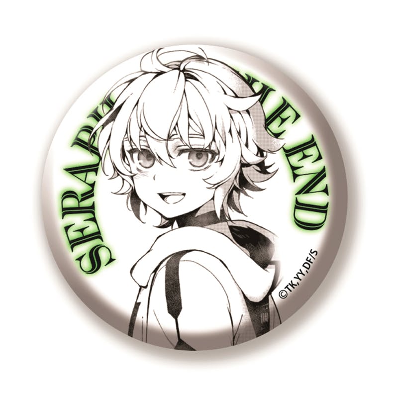 Round can badge showing a monochrome illustration of 百夜ミカエラ (Mikaela Hyakuya) from "終わりのセラフ" with green "SERAPH THE END" lettering.