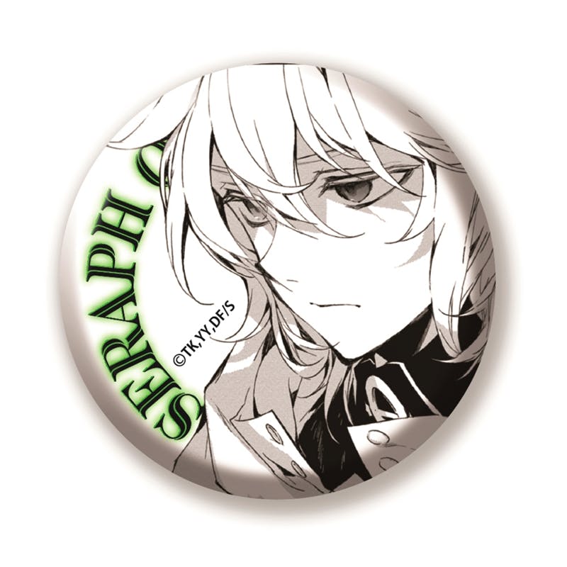 Round can badge showing a monochrome illustration of 百夜ミカエラ from 終わりのセラフ with green "SERAPH" lettering.