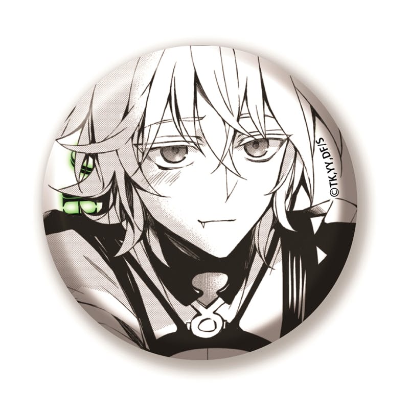 Round can badge showing a manga-style portrait of 百夜ミカエラ from '終わりのセラフ'.