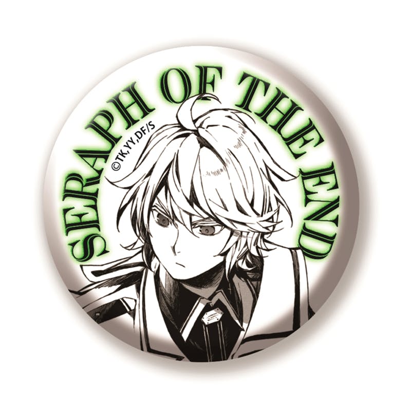 Round can badge showing a monochrome illustration of Mikaela Hyakuya from "Seraph of the End" with green "SERAPH OF THE END" text.