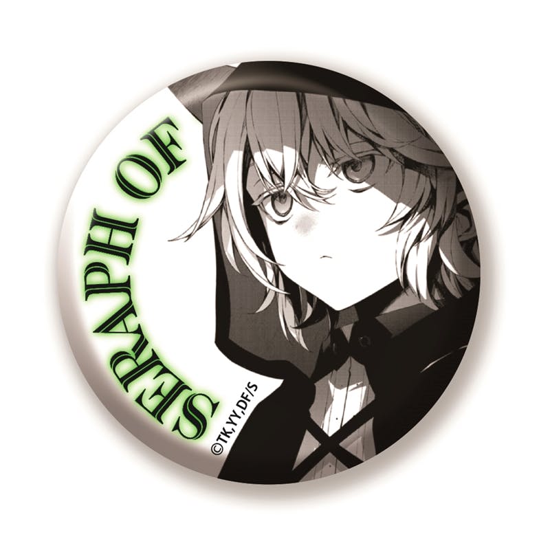 Round can badge showing a monochrome illustrated portrait of 百夜ミカエラ from '終わりのセラフ' with the text 'SERAPH OF'.