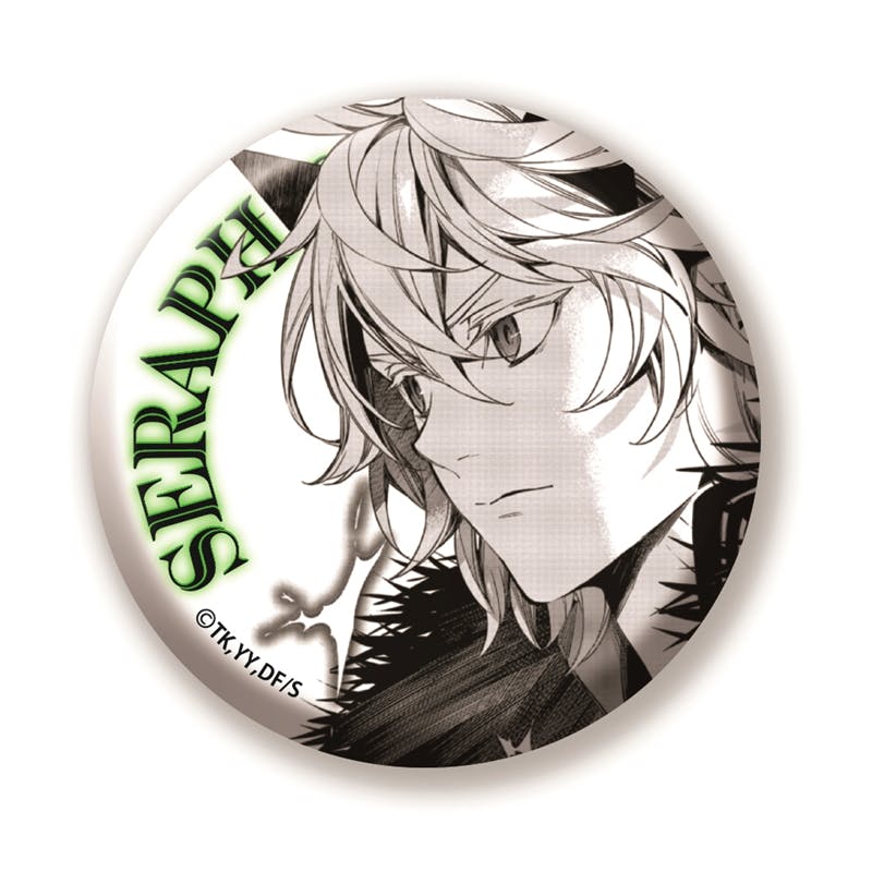 Round can badge showing a monochrome illustration of Mikaela Hyakuya from "Owari no Seraph" with green "SERAPH" lettering.