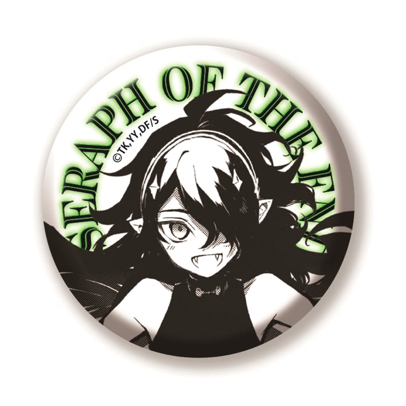 Round can badge showing a black-and-white illustration of a character from 終わりのセラフ with a fanged smile and the text “SERAPH OF THE END.”