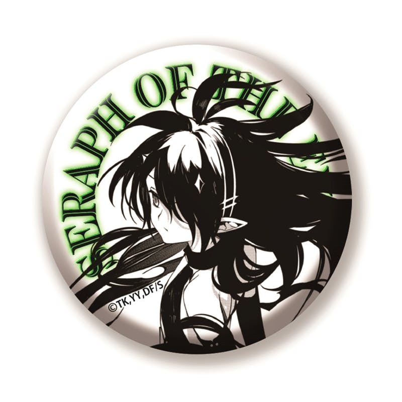 Round can badge featuring a black-and-white illustration of the character 阿朱羅丸 from "終わりのセラフ" with green text around the edge.