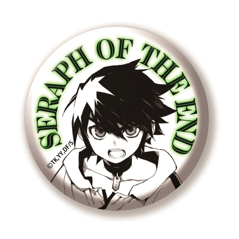 Front view of a round can badge featuring a monochrome illustration of 百夜優一郎 (Yuichiro Hyakuya) with the text "SERAPH OF THE END".
