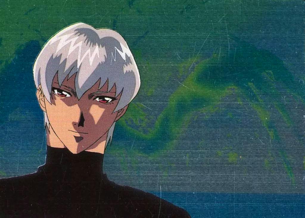 Photocard front showing the anime character Serge with white hair against a green-blue background.