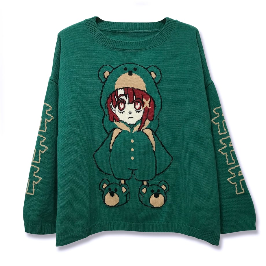 Front view of the dark teal acrylic sweater showing a knit design of a character in a bear costume with graphics on the sleeves.