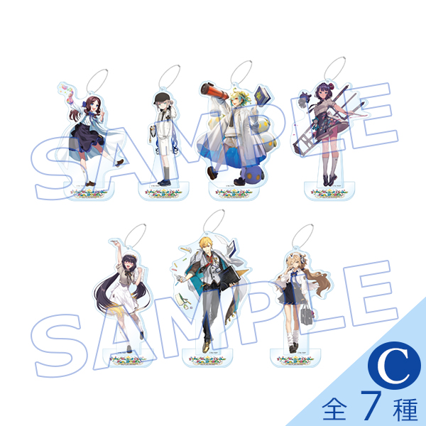 Seven acrylic mascot standees displayed on a white background with a SAMPLE watermark and a label indicating seven types.