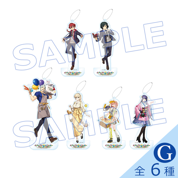 Six acrylic decorative stand mascots featuring illustrated servant characters, shown with bases and keychain loops on a white background.