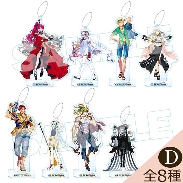Group photo showing eight illustrated acrylic mascot keychains on clear bases with metal rings.