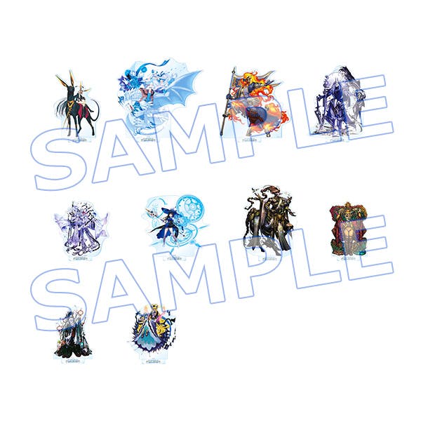 Ten acrylic decorative stands showing different servant illustrations arranged on a white background with a SAMPLE watermark.