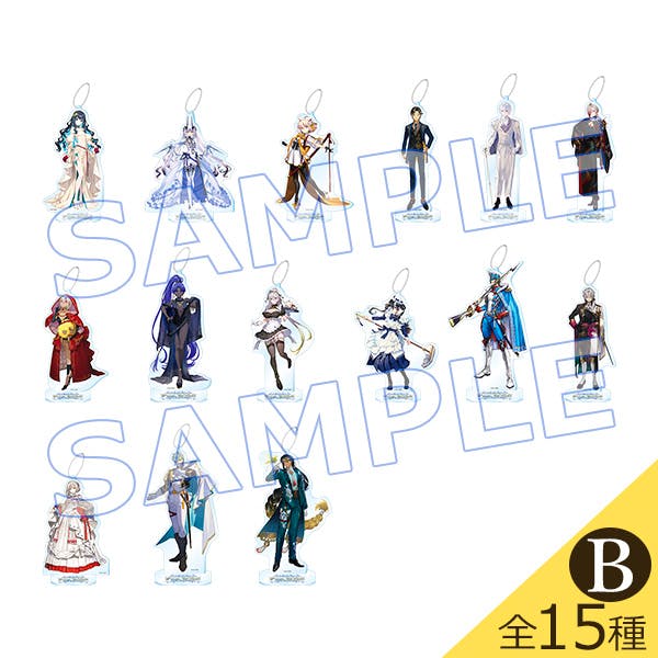 Composite image showing all 15 illustrated acrylic mascot decorative stands on a white background with a blue “SAMPLE” watermark and a yellow corner label with “B.”