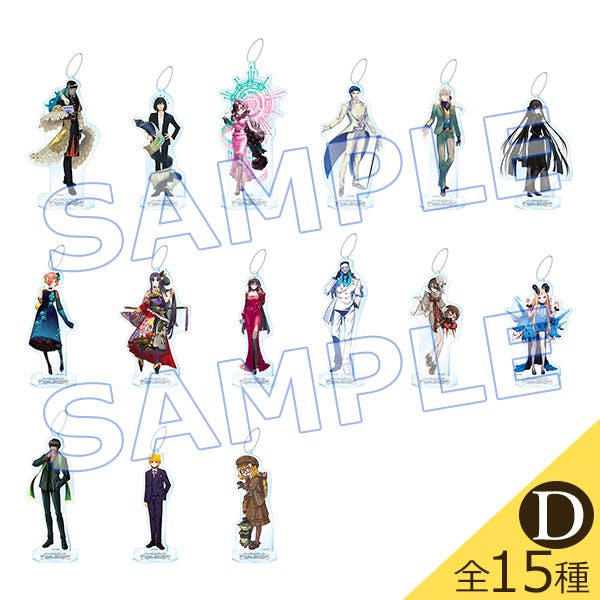 Group layout showing all 15 acrylic mascot decorative stands (Servant illustrations) on clear bases with keychain loops, overlaid with SAMPLE text.