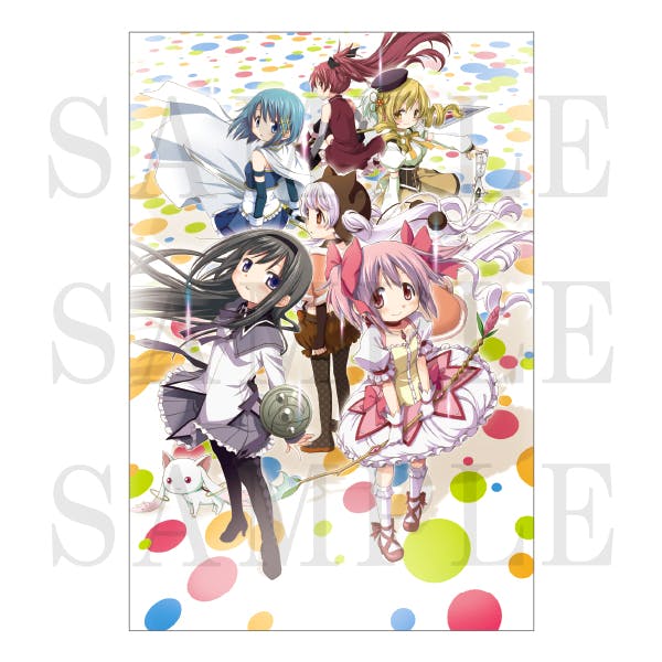 Postcard front showing several illustrated anime characters standing on a colorful polka-dot background.