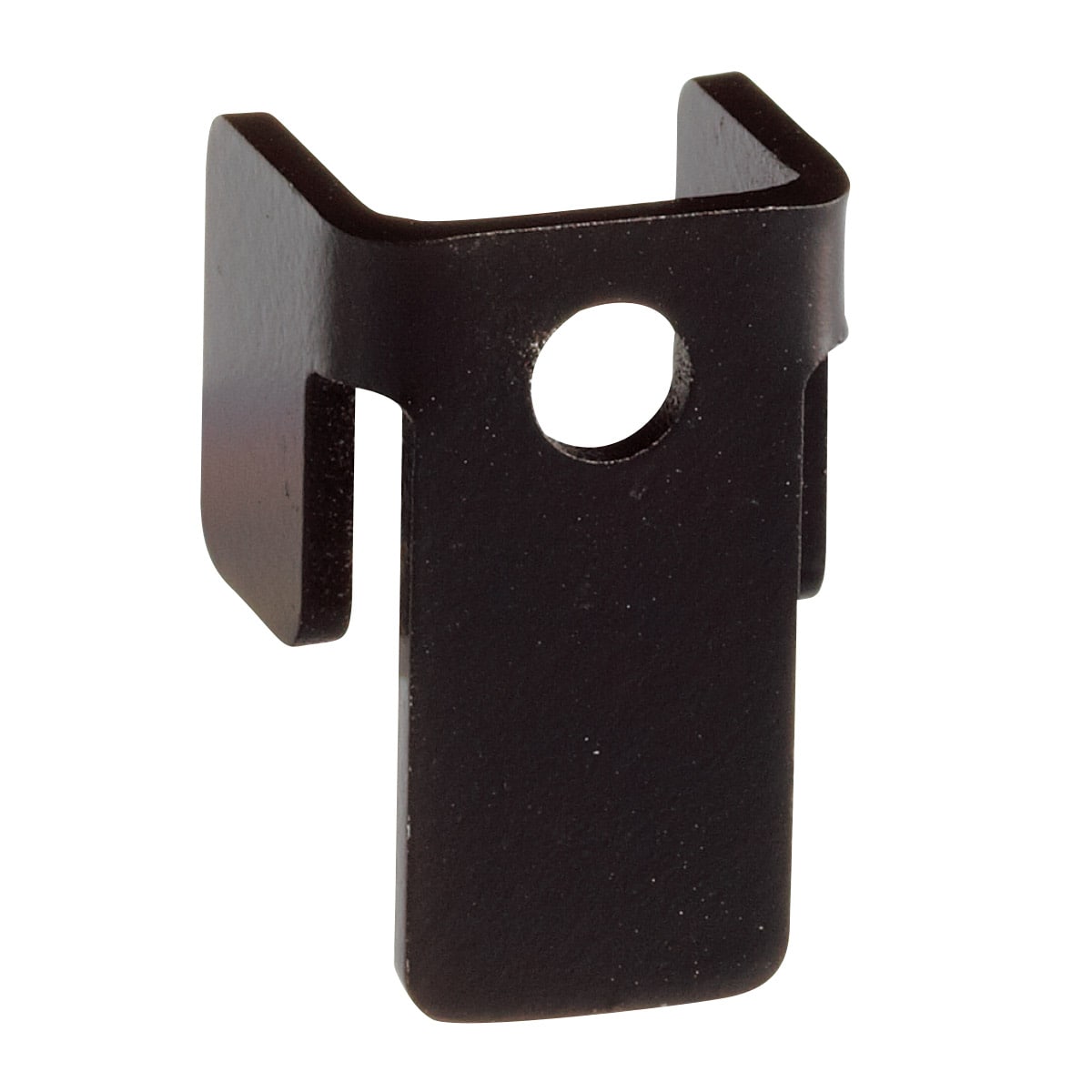 A black steel shelf connector piece on a white background with a central round hole and U-shaped top flanges.