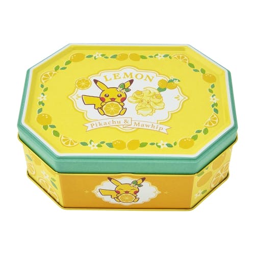 Yellow hexagonal metal tin decorated with Pikachu and lemon illustrations for Setouchi lemon rice crackers.