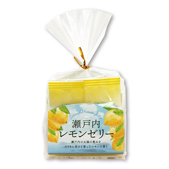 A clear plastic bag tied with a gold twist containing packaged 瀬戸内レモンゼリー with a label showing lemon illustrations.
