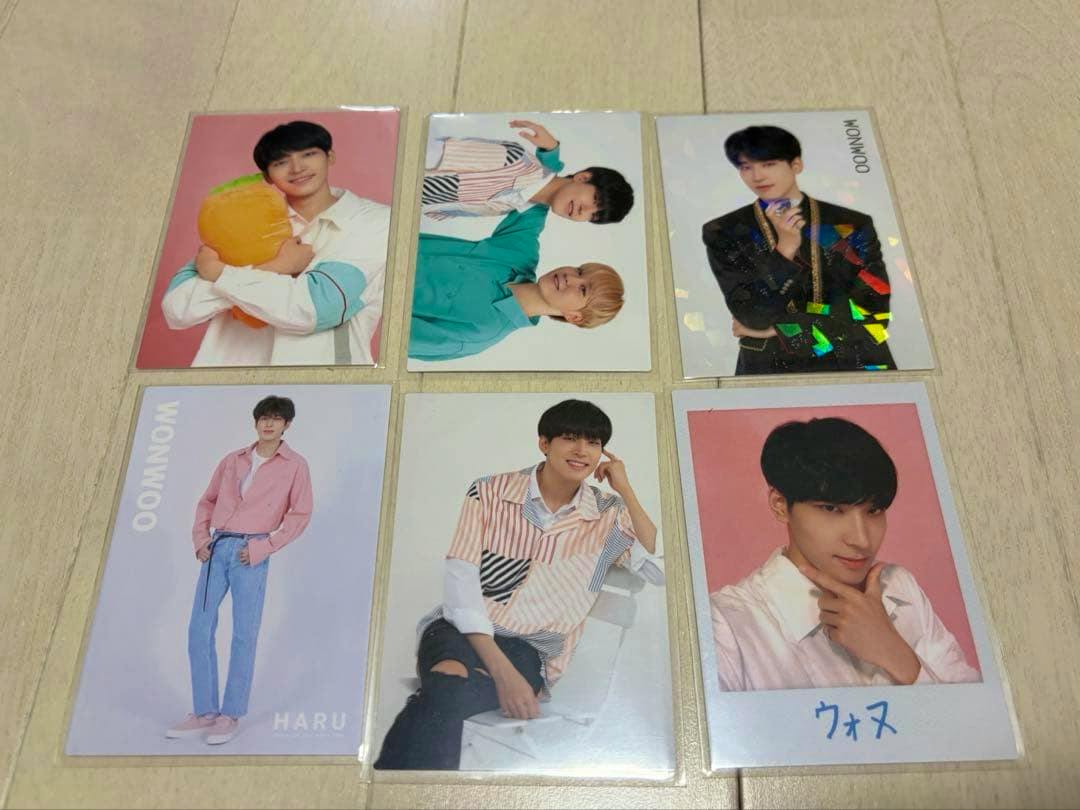 Six SEVENTEEN Wonwoo photocards from the IDEAL CUT HARU set laid out on a wooden surface showing the cards' front designs.