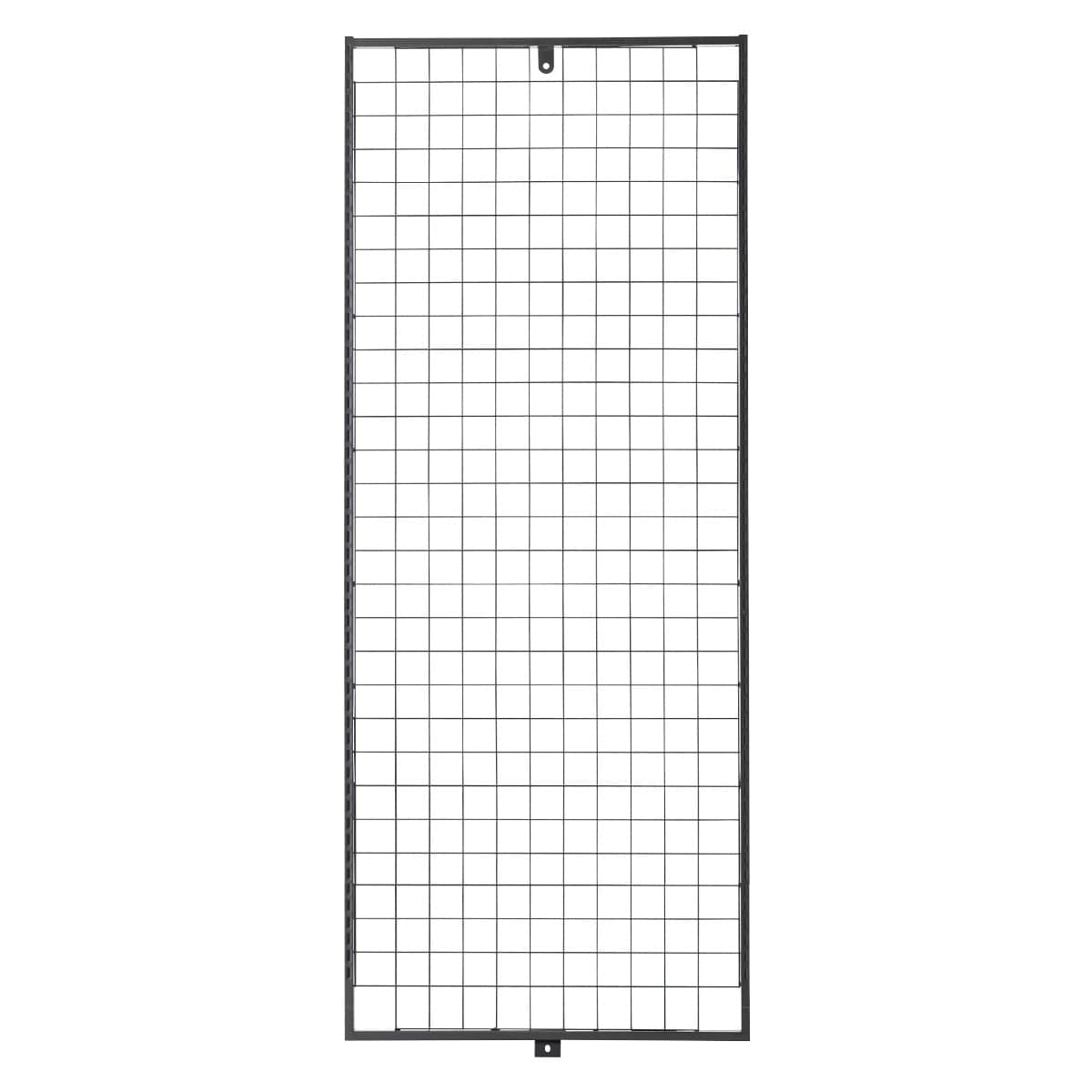 Front view of a black steel grid end frame for a shelf, rectangular mesh panel.