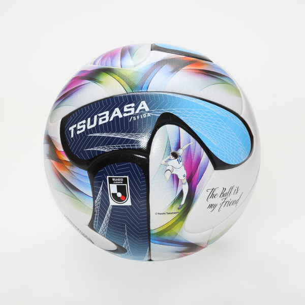 A TSUBASA by SFIDA size 4 soccer ball with colorful swirl graphics and visible "TSUBASA" branding.