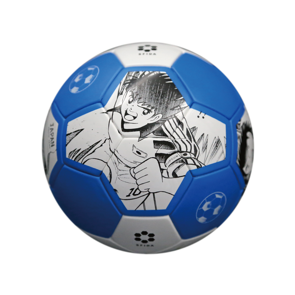 TSUBASA MINI soccer ball in blue and white with a black-and-white manga-style character illustration on its panels.
