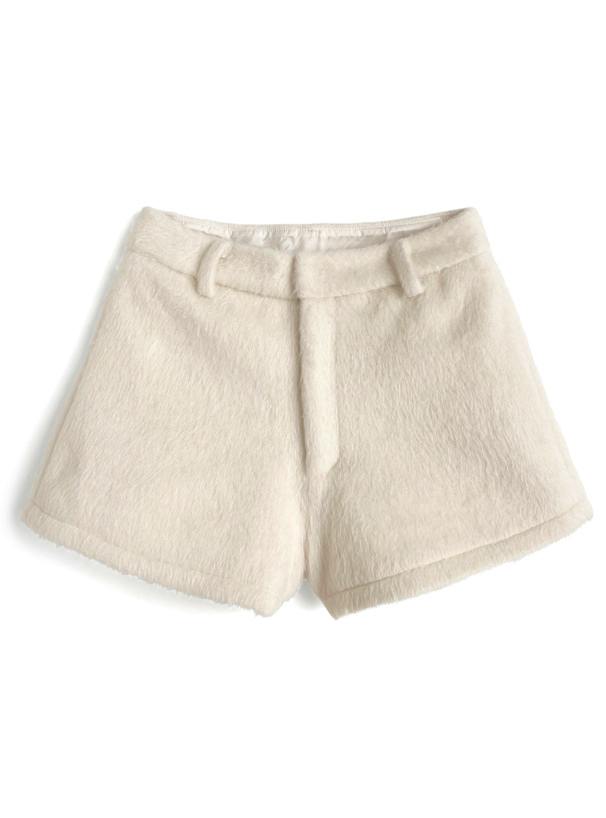 Cream-colored shaggy women's shorts laid flat on a white background.