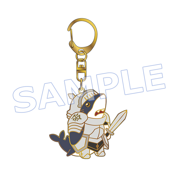 Illustrated front-on view of the shark knight metal keychain charm with attached ring and sword, with a "SAMPLE" watermark.