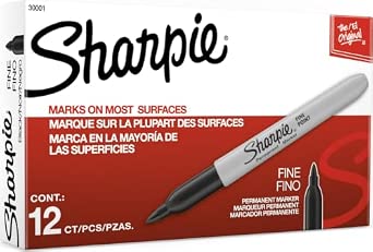 Packaging showing a box of 12 black Sharpie fine point permanent markers with a pictured marker on the front.