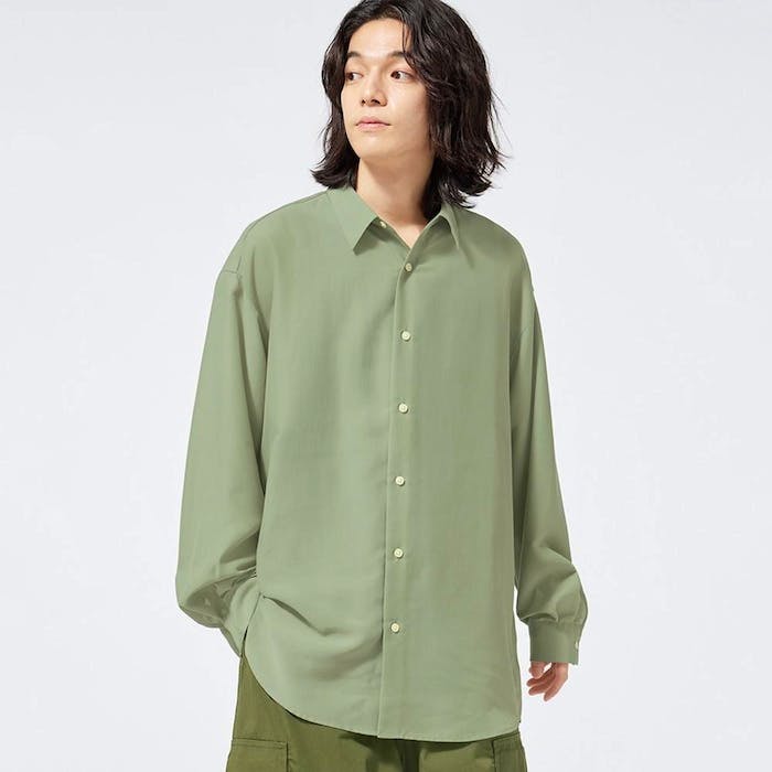 Male model wearing a light green sheer oversized long-sleeve men's shirt, front view.