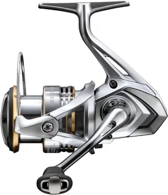 Side view photograph of a Shimano spinning fishing reel.