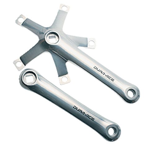 Silver Shimano Dura-Ace track crankset (FC-7600) crank arms and spider shown without crank caps.