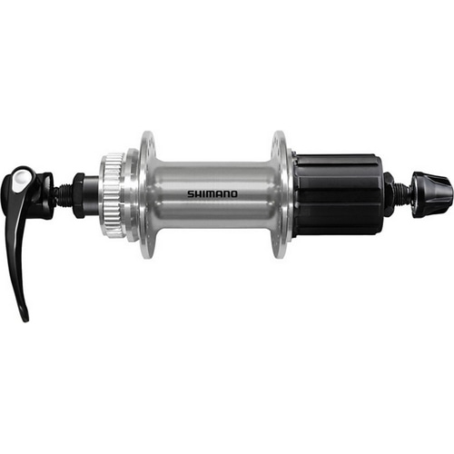 Silver SHIMANO rear hub with freehub body and quick-release skewer, shown as the FH-QC400-HM 36H/135MM.