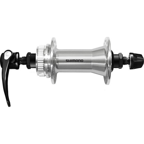 Silver Shimano front hub (HB-QC400) shown with quick-release skewer and axle hardware.