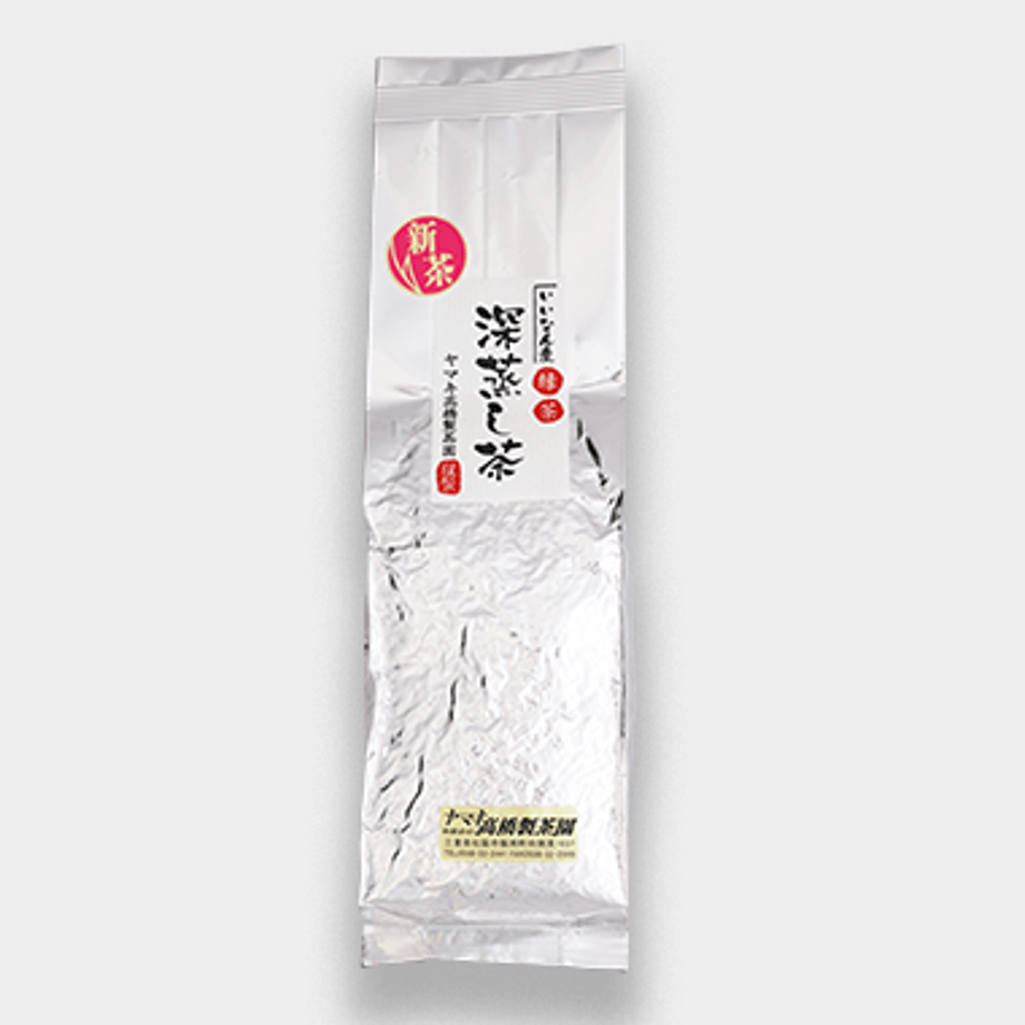 A silver aluminum gusset bag labeled as deep-steamed sencha (green tea).