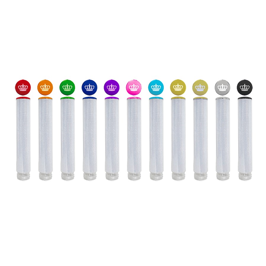 Row of multiple SHINING TUBE items: clear shimmering tubes with various colored round caps showing crown icons.