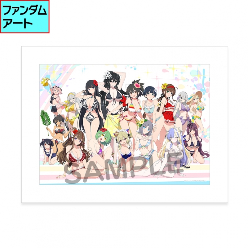 Framed B3 art print main visual showing many Shinobi Master Senran Kagura characters in swimsuits with a SAMPLE watermark.